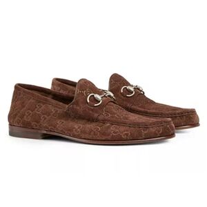 $1090 GUCCI Horsebit 1953 GG Embossed Brown Suede Loafers UK9.5 US 10 EU 43 BNIB